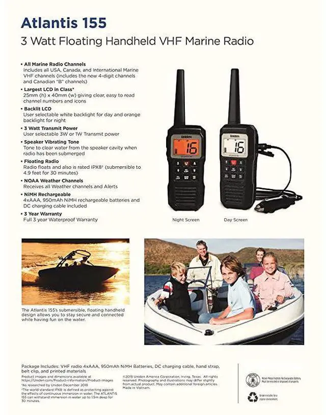 Alt view image 5 of 6 - Atlantis 155 Handheld TwoWay VHF Marine Radio Floating IPX7 Submersible Waterproof DualColor Screen All USAInternationalCanadian Marine Channels NOAA Weather Alert 10 Hour Battery
