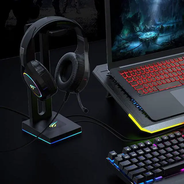 Alt view image 7 of 7 - RGB Headphones Stand with 35mm AUX and 2 USB Ports Headphone Holder for Gamers Gaming PC Accessories Desk