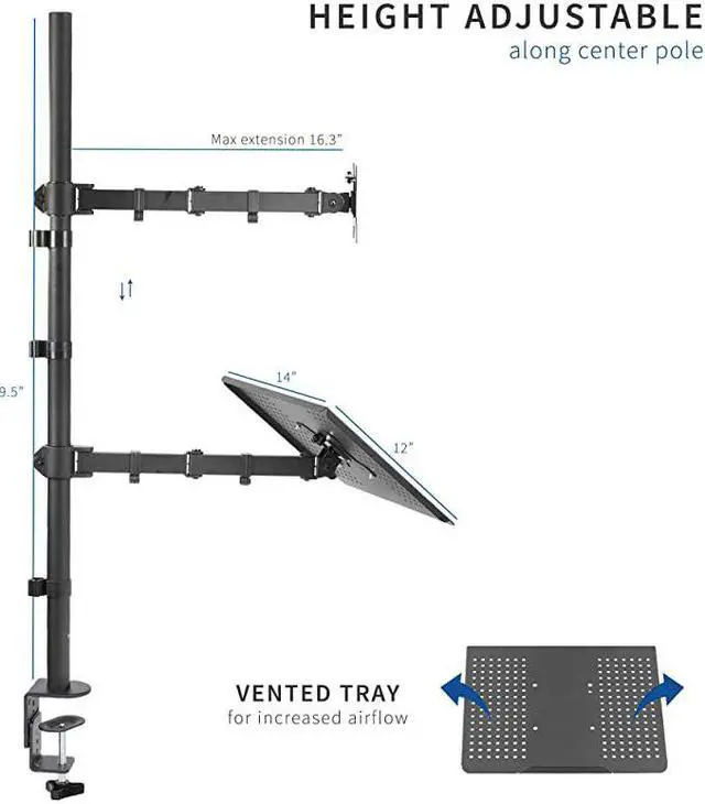 Alt view image 4 of 7 - Black Fully Adjustable 13 to 32 inch Single Computer Monitor and Laptop Desk Mount Combo, Stand with Grommet Option, Fits up to 17 inch Laptops STAND-V002C