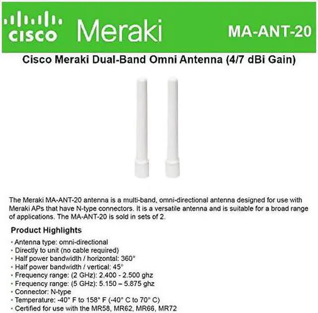 Main image of Meraki DualBand Omni Antenna 47 dBi for MR66 MR72 access points 2Pack Antenna Kit