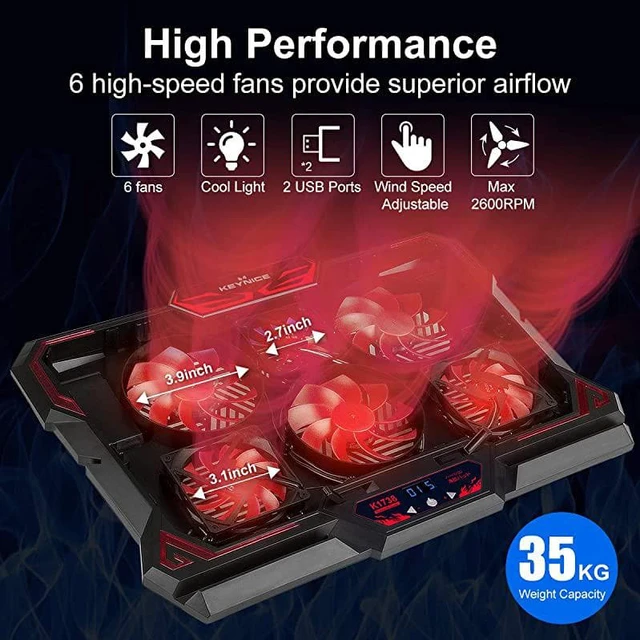 Alt view image 3 of 7 - Laptop Cooling, 12-17 inch Laptop Cooling Pad, Laptop Cooler with 6 Quiet Fans, Dual USB Port, 5 Wind Speed Adjustable, Red LED Light, Gaming Cooling Fan for Laptop, Portable Notebook Cooler