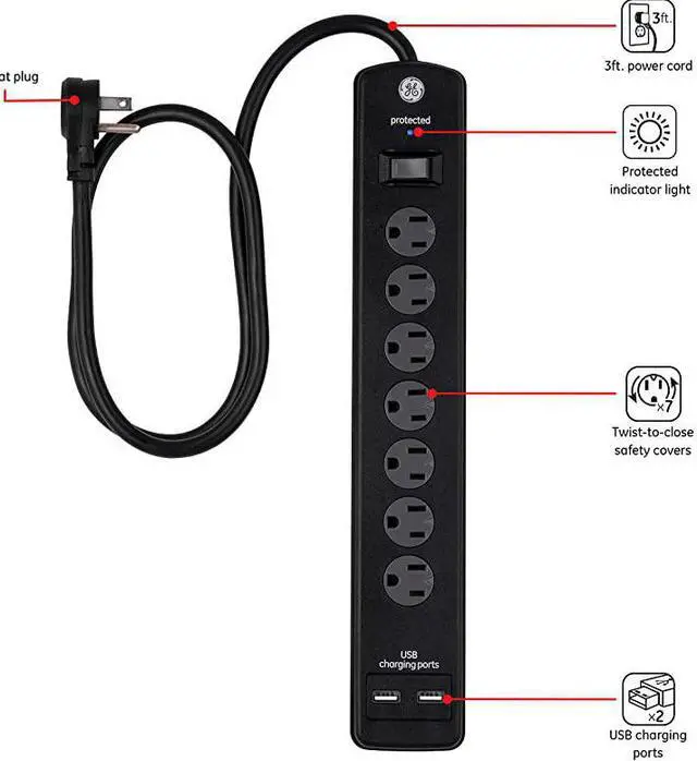 Alt view image 2 of 7 - 7 Strip Sur Protector with 2 Port USB Charr 3 Ft Power Cord Twist to Close Safety Outlets1300 Joules 21A10W UL Listed Black 33664