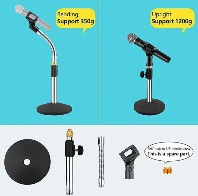 Alt view image 7 of 7 - Microphone Stand Desk Mic Stand Desktop Microphone Stand Adjustable Tabletop Microphone Stand with Gooseneck Mic Clip 58quot Male to 38quot Female Screw for Blue Yeti Snowball Christmas gift