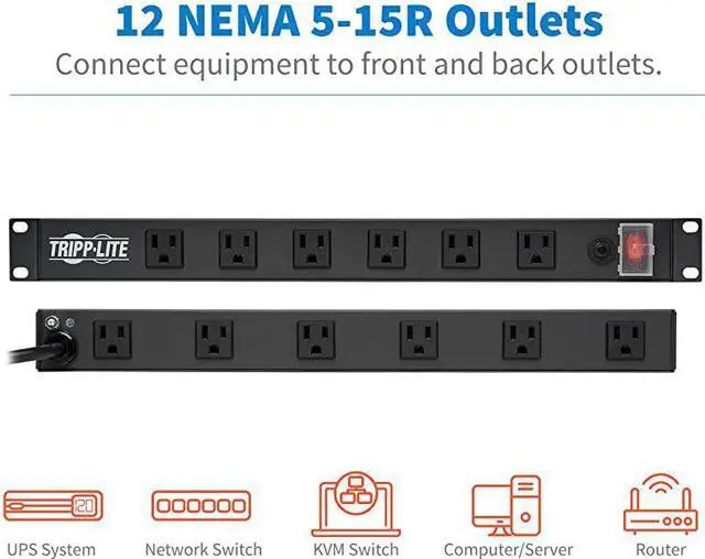 Alt view image 6 of 7 - RS1215-RA Rackmount Network-Grade PDU Power Strip, 12 Right Angle Outlets Wide-Spaced, 15A, 15ft Cord w/ 5-15P Plug,, Black