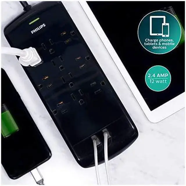 Alt view image 3 of 7 - 10 Outlet Power Strip Surge Protector, 2 USB Charging Ports, 6ft Long Power Cord, Flat Plug, Wall Mount, 2880 Joules, ETL Listed, Circuit Breaker, Automatic Shutdown, Black, SPP6710BC/37