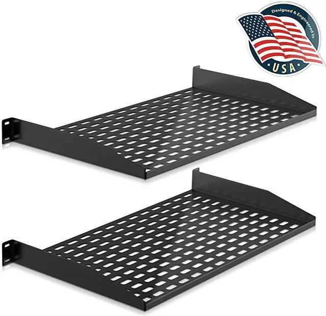 Main image of 2Pc 1U Server Rack Shelf Vented Shelves for Good Air Circulation Cantilever Mount Wall Mount Rack Universal Device Cabinet Shelf Computer Case Mounting Tray Black PLRSTN14UX2