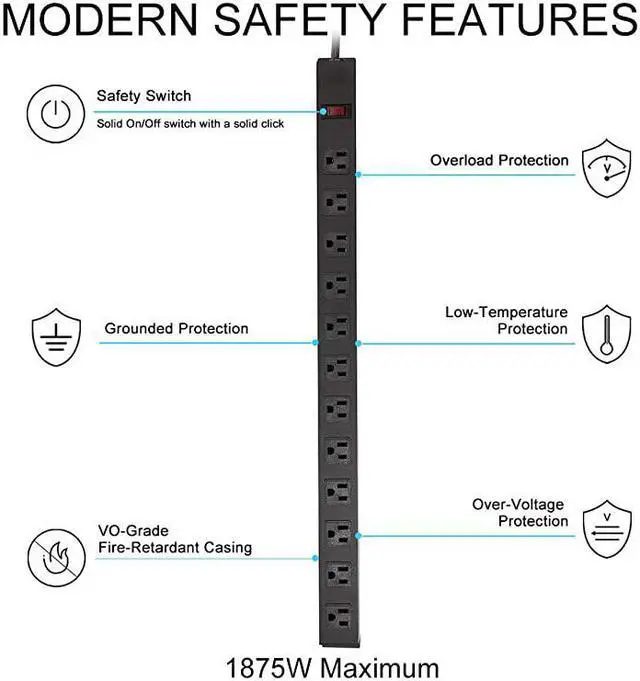 Alt view image 4 of 7 - Metal Power Strip 6 Ft Long Extension Cord Heavy Duty for Kitchen Office School Commercial Workshop Industrial ETL Certified and Listed Socket125V15A Black