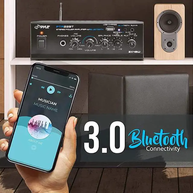 Alt view image 5 of 7 - Bluetooth Mini Blue Series Home Audio Amplifier Compact Desktop Home Theater Stereo Amplifier Receiver with USB Charge Port | Pager Mixer Karaoke Modes | Mic Input 40 Watt x 2 |  PTA22BT 2X2X2