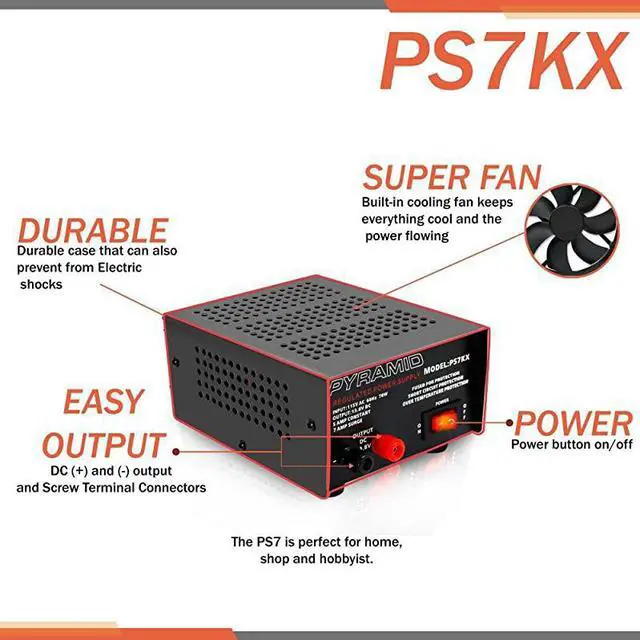 Alt view image 3 of 6 - Universal Compact Bench Power Supply - 5 Amp Linear Regulated Home Lab Benchtop AC-to-DC 12V Converter w/ 13.8 Volt DC 115V AC 70 Watt Power Input, Screw Type Terminals, Cooling Fan -  PS7KX
