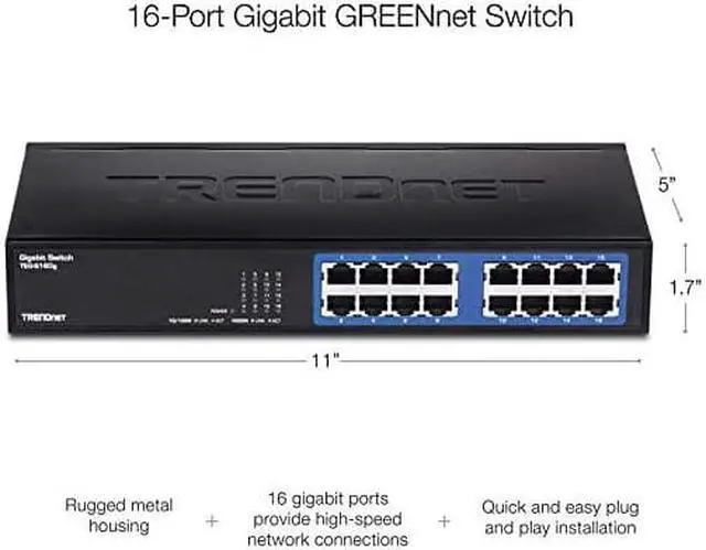 Alt view image 3 of 4 - TEG-S16DG 16-Port Unmanaged Gigabit GREENnet Desktop Metal Switch, TEG-S16DG, Ethernet Splitter, Ethernet/Network Switch, 16 x 10/100/1000 RJ-45 Ports, 32 Gbps Forwarding Capacity, Lifetime Protectio