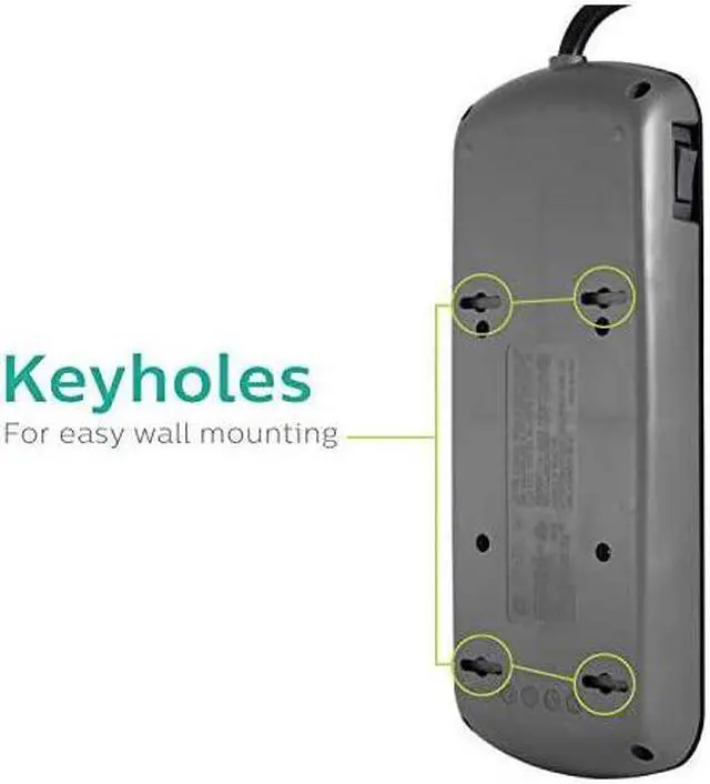 Alt view image 5 of 7 - 10 Outlet Power Strip Surge Protector, 2 USB Charging Ports, 6ft Long Power Cord, Flat Plug, Wall Mount, 2880 Joules, ETL Listed, Circuit Breaker, Automatic Shutdown, Black, SPP6710BC/37