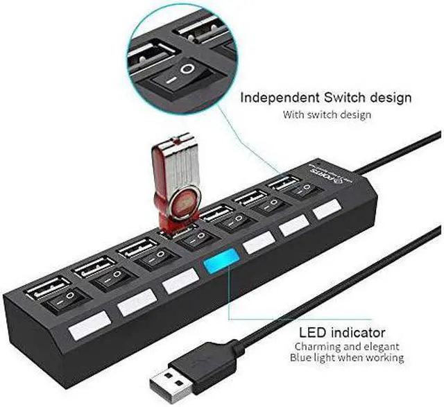 Alt view image 2 of 7 - Port USB Splitter 7Ports USB 20 Hub High Speed ONOff Individual Switch with LEDs Compatible for All USB Device Black7 Ports