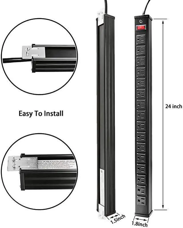 Alt view image 2 of 6 - Rack Mount Power Outlet 16 Outlet Heavy Duty Aluminum Socket AntiThunder Power Strip with 15Foot Extension Cord Surge Protector Duty Multi Plug Outlet with Smart Circuit Breaker Black