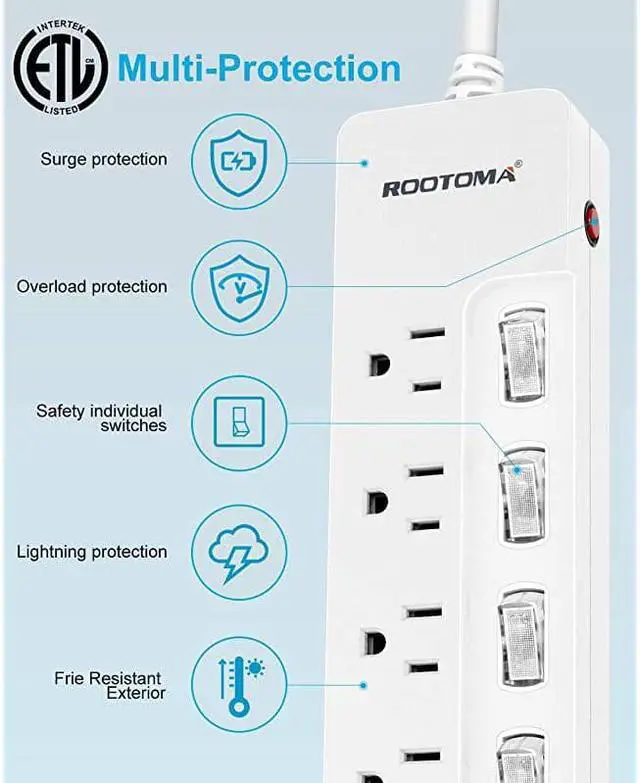 Alt view image 3 of 7 - Individual Switched Power Strip Surge Protector with 6OutletETL Certified6Foot 14AWG Long Extension Cord 1875W15A Wall Mount for Office Dorm Home Theatre