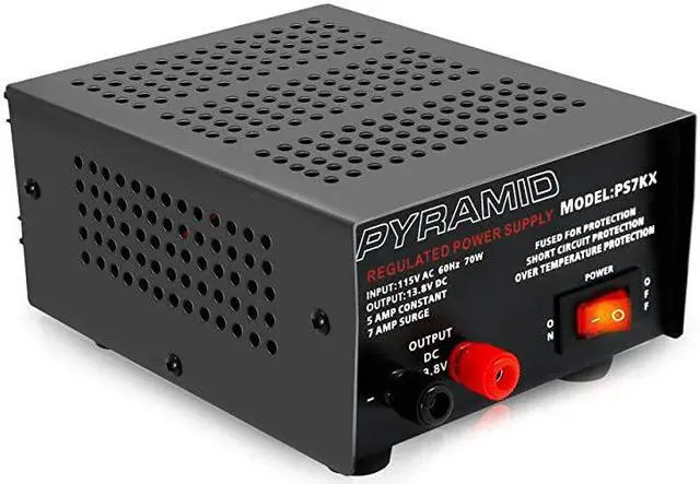 Main image of Universal Compact Bench Power Supply - 5 Amp Linear Regulated Home Lab Benchtop AC-to-DC 12V Converter w/ 13.8 Volt DC 115V AC 70 Watt Power Input, Screw Type Terminals, Cooling Fan -  PS7KX