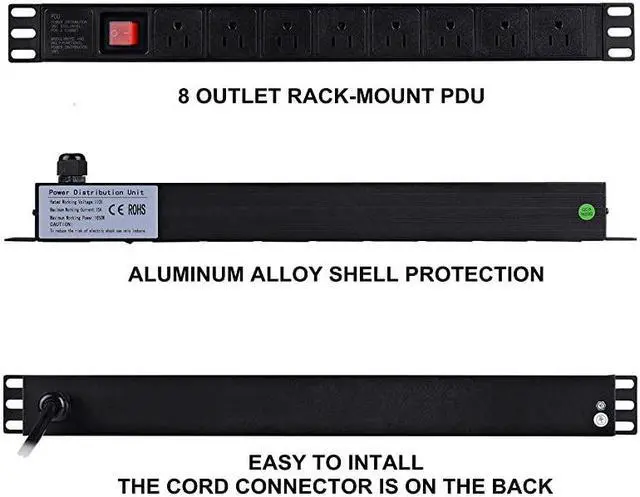 Alt view image 4 of 6 - Power Strip Surge Protector RackMount PDU 8 Right Angle Outlets WideSpaced 15A125V 6ft Cord Black