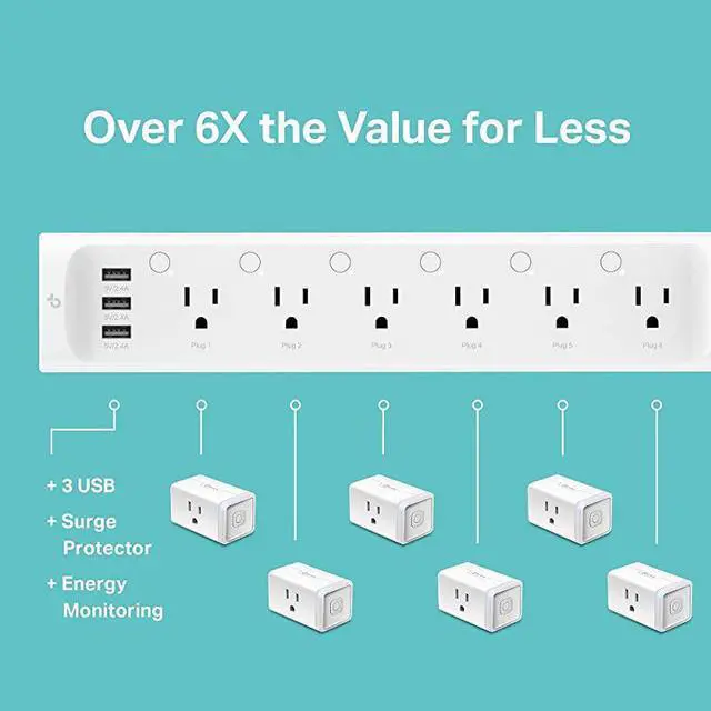 Alt view image 3 of 7 - Plug Power Strip Surge Protector w 6 Smart Outlets and 3 USB Ports Works with Alexa Echo amp Google Home No Hub Required HS300