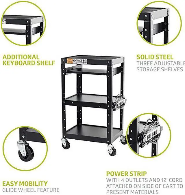 Alt view image 3 of 7 - AV Presentation Cart Stand for Video Projector TV Laptop Computers PrintersMetal Construction Rolling Storage Cart with Adjustable Shelves 4 Wheels 4 Outlets 12ft Cord Black