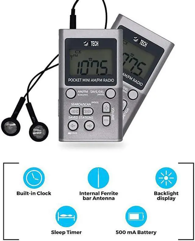 Alt view image 5 of 6 - MPRAF1 AM FM Personal Radio with Two Types of Stereo Headphones Clock Great Reception and Long Battery Life Mini Pocket Walkman Radio with Headphones Silver