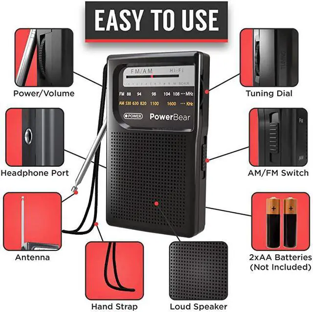 Alt view image 3 of 6 - Portable Radio | AMFM 2AA Battery Operated with Long Range Reception for Indoor Outdoor Emergency Use | Radio with Speaker Headphone Jack Black