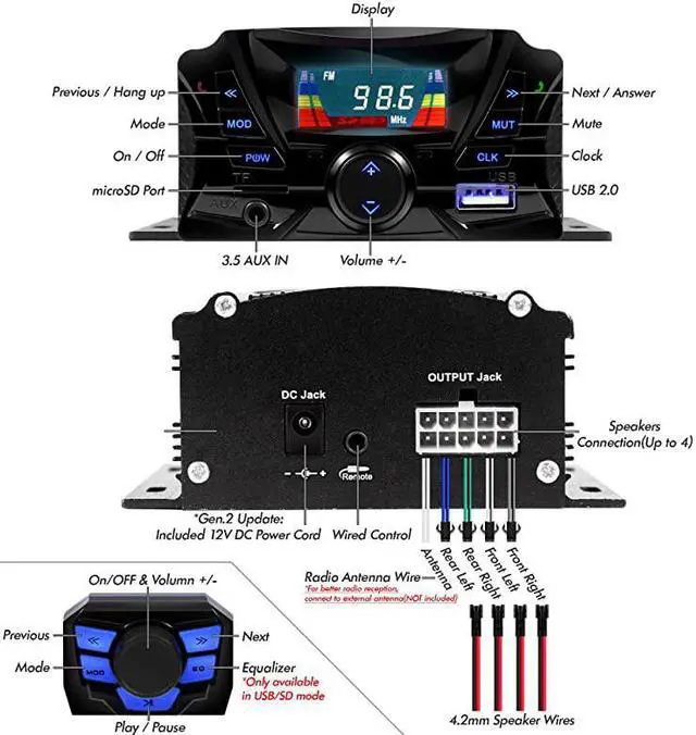 Alt view image 3 of 7 - TS3-Q Gen.2 Motorcycle Weatherproof Bluetooth Speakers 7/8-1 in. Handlebar Mount MP3 Music Player Sound Audio Stereo Amplifier System ATV UTV w/AUX in, USB, Micro SD, FM Radio, 4-Speaker