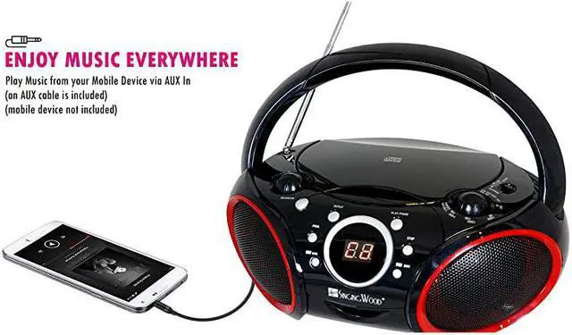 Alt view image 4 of 7 - Portable CD Player AM FM Analog Tuning Radio with Aux Line in Headphone Jack Foldable Carrying Handle Black with a Touch of Blue Rims
