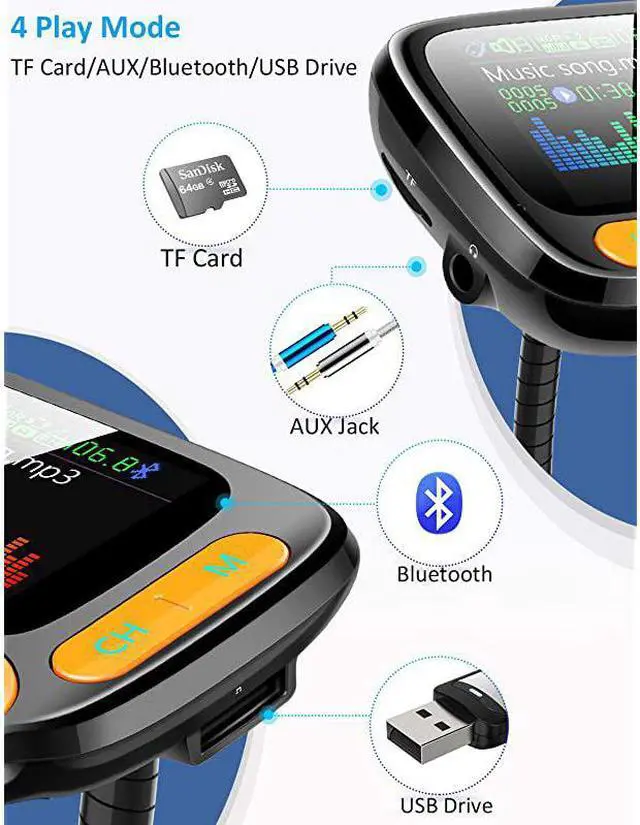 Alt view image 2 of 7 - FM Transmitter Car AdapterSupport Handsfree Call and MP3 MusicAPP Audio Play18 Color Screen3 USB Charger35mm AUX PortCompatible with iPhoneiPadSamsung and More