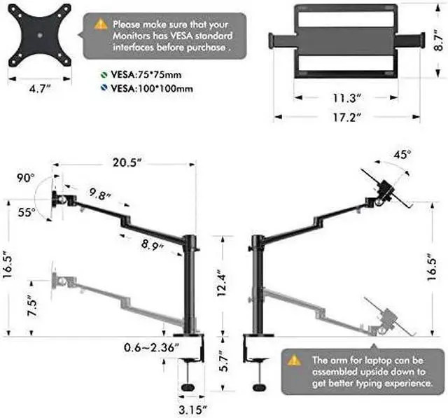Alt view image 7 of 7 - LaptopNotebookProjector Mount Stand Height Adjustable Single Arm Mount Support 1217 inch LaptopNotebookTablet Free Removable VESA 75X75 and 100X100 for Monitor 1732 inch