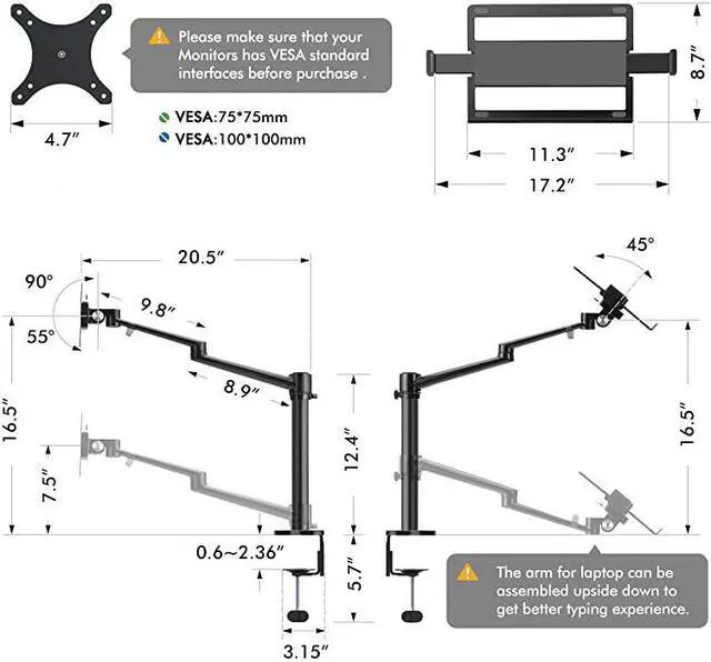Alt view image 7 of 7 - LaptopNotebookProjector Mount Stand Height Adjustable Single Arm Mount Support 1217 inch LaptopNotebookTablet Free Removable VESA 75X75 and 100X100 for Monitor 1732 inch