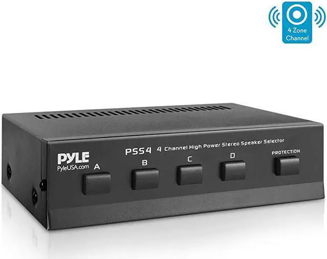 Main image of Premium New and Improved 4 Zone Channel Speaker Switch Selector Switch Box Hub Distribution Box for Multi Channel High Powered Stereo Amplifier ABCD Switches | 4 Pairs Of speakers  PSS4 Black