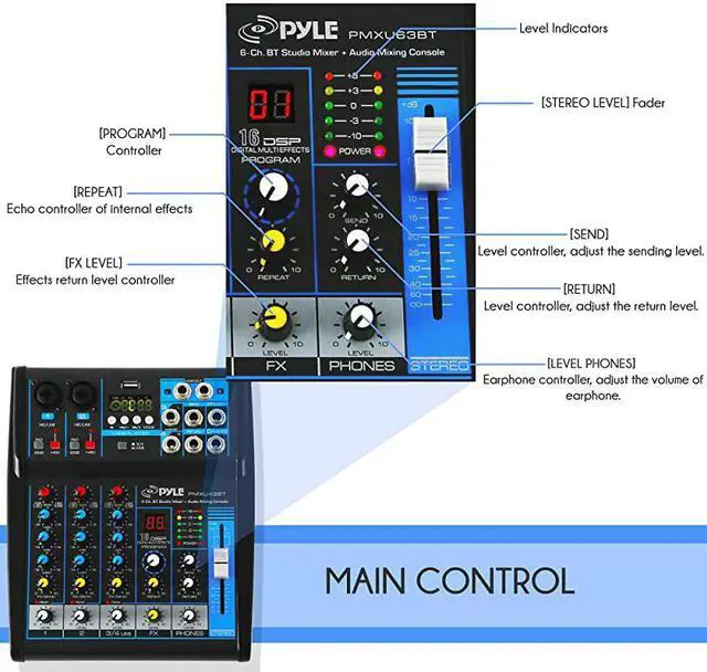 Alt view image 5 of 7 - Professional Audio Mixer Sound Board Console System Interface 4 Channel Digital USB Bluetooth MP3 Computer Input 48V Phantom Power Stereo DJ Studio Streaming FX 16Bit DSP processor PMXU43BT Black