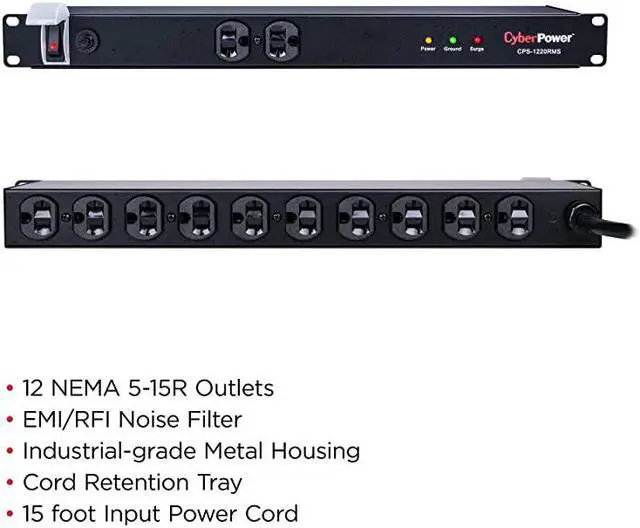 Alt view image 4 of 5 - CPS1220RMS Surge Protector 120V20A 12 Outlets 15ft Power Cord 1U Rackmount