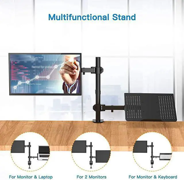 Alt view image 2 of 7 - Monitor Mount Stand with Keyboard Tray Adjustable Notebook Desk Mount with Clamp and Grommet Mounting Base for 13 to 27 Inch LCD Computer Screens Up to 22lbs Notebook up to 156 Black