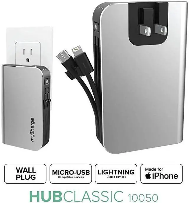 Main image of Portable Charger with Built in Cables iPhone Lightning + Micro USB 10050 mAh Hub Classic Ultra Slim Power Bank External Battery Pack AC Wall Charger Plug Dual Cords USBA Output Port