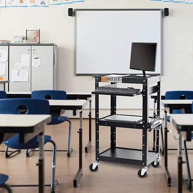 Alt view image 6 of 7 - AV Presentation Cart Stand for Video Projector TV Laptop Computers PrintersMetal Construction Rolling Storage Cart with Adjustable Shelves 4 Wheels 4 Outlets 12ft Cord Black