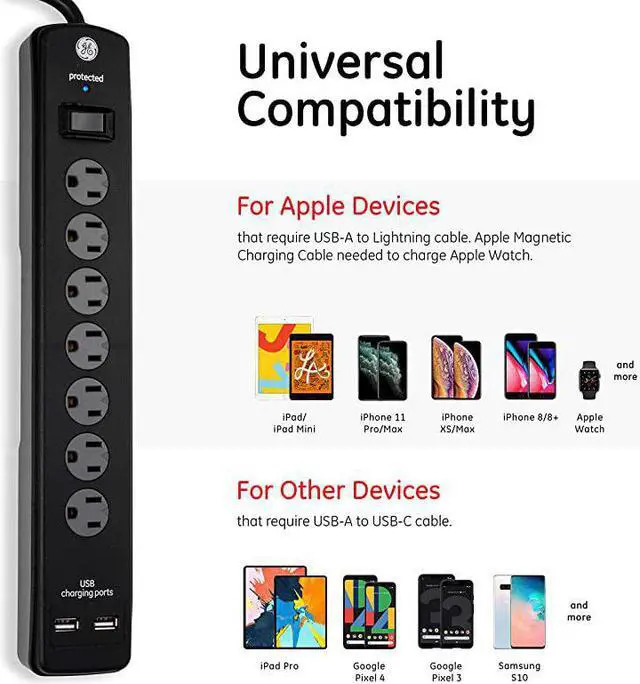 Alt view image 3 of 7 - 7 Strip Sur Protector with 2 Port USB Charr 3 Ft Power Cord Twist to Close Safety Outlets1300 Joules 21A10W UL Listed Black 33664