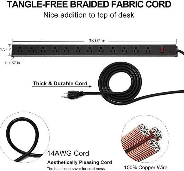 Alt view image 2 of 7 - Metal Power Strip 6 Ft Long Extension Cord Heavy Duty for Kitchen Office School Commercial Workshop Industrial ETL Certified and Listed Socket125V15A Black