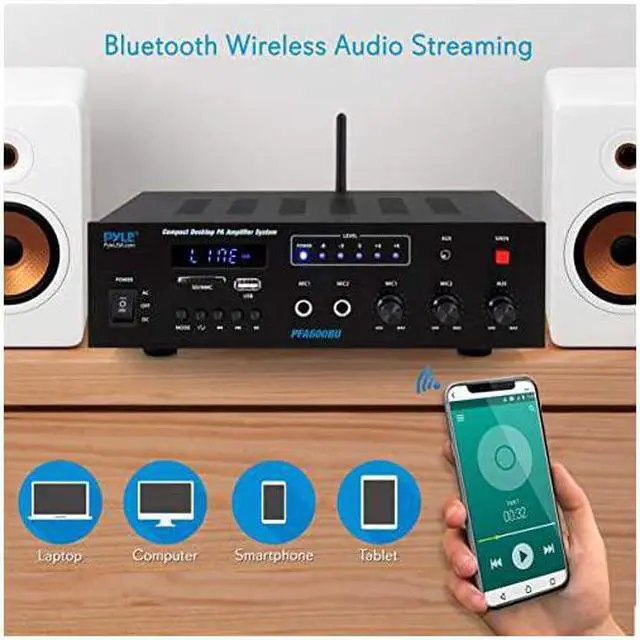 Alt view image 4 of 7 - Wireless Bluetooth Karaoke Amplifier Home Car Bus Tours 300 Watts 2 Channel Digital Home Audio PA Receiver System 2 Microphone Input Control FM Radio USB12 Volt Power Option  PFA600BU