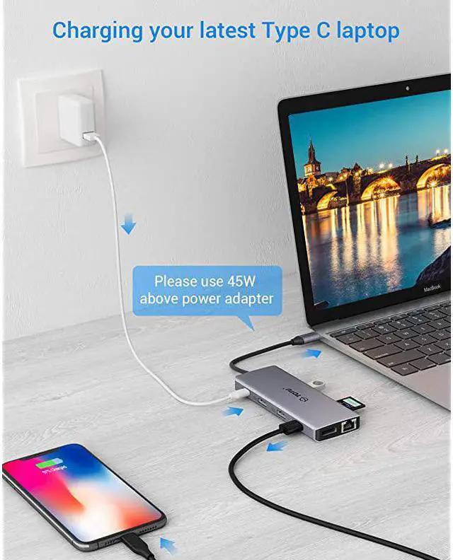 Alt view image 7 of 7 - USB C HUB, Upgraded  13 in 1 Type C Hub Dongle Adapter (4K Dual HDMI&DP,75W PD), Triple Display Docking Station for Windows&MacBook Pro USB C Systems, macOS only Support Mirror Display