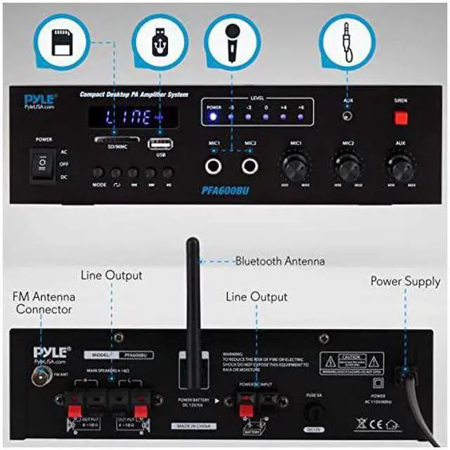 Alt view image 2 of 7 - Wireless Bluetooth Karaoke Amplifier Home Car Bus Tours 300 Watts 2 Channel Digital Home Audio PA Receiver System 2 Microphone Input Control FM Radio USB12 Volt Power Option  PFA600BU