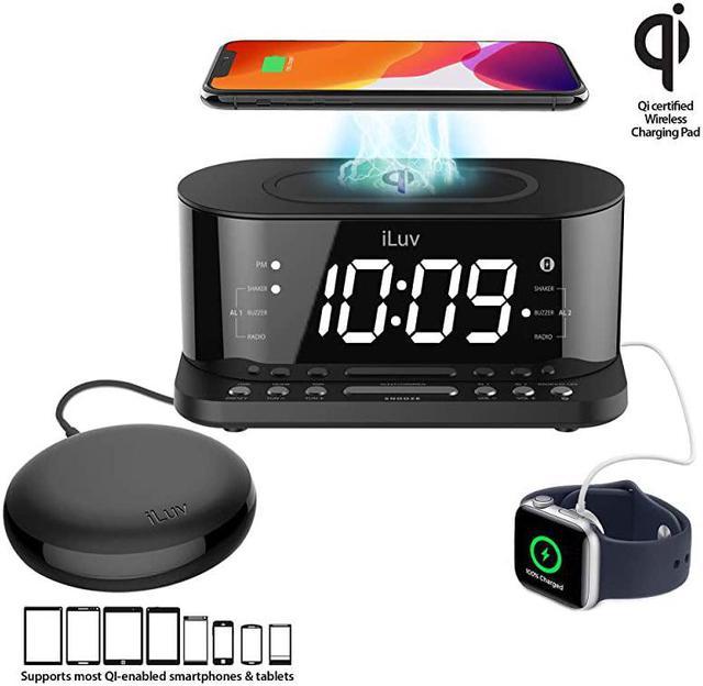 Time Shaker 5Q Wow QiCertified Wireless Charging Alarm Clock with Vibration  Shaker Jumbo LCD White Display Dual Alarm FM Radio Sleep Timer 3Level  Dimmer USB Charging Port Battery Backup 