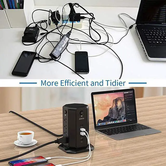 Alt view image 4 of 7 - Strip Tower NTONSurge Protector Flat Plug with Individual Switches 8 Outlets and 5 USB Desktop Charging Station 6ft Heavy Duty Extension Cord Circuit Breaker for Home Office Dorm Room