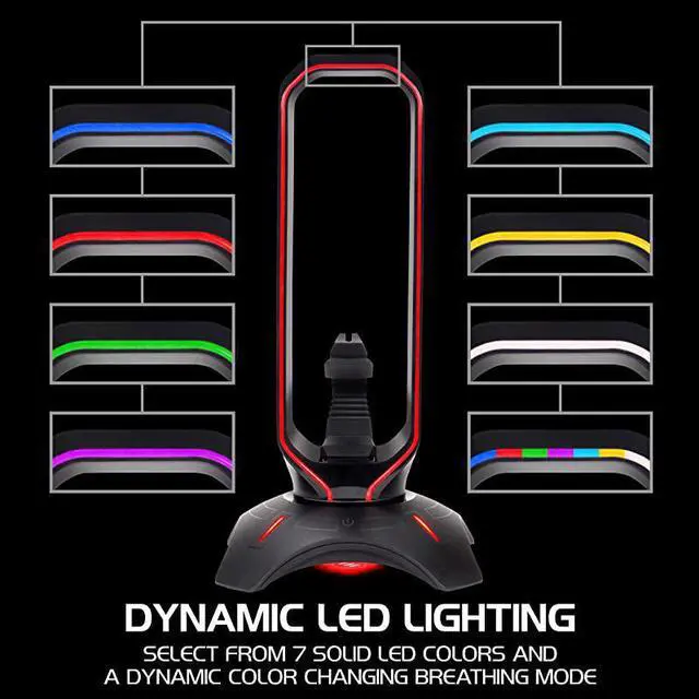Alt view image 4 of 7 - Gaming Headset Stand LED Headphone Hanger with Mouse Bungee and 2 Port USB Hub 7 RGB Colors + Color Changing Mode Headset Hanger Mouse Bungee 3in1 Gaming Desktop Accessory PS4 Xbox
