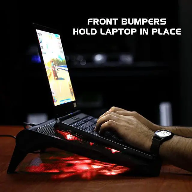 Alt view image 4 of 7 - Gaming Laptop Cooling Pad Stand with LED Cooler Fans Adjustable Height Dual USB Port for 17 inch Laptops 5 Ultra Quiet High Performance Fans 2630 RPM BuiltIn Bumpers Blue
