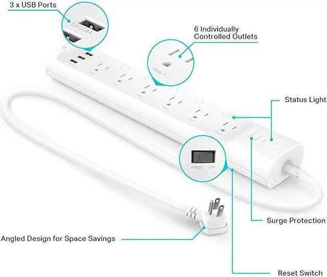 Alt view image 2 of 7 - Plug Power Strip Surge Protector w 6 Smart Outlets and 3 USB Ports Works with Alexa Echo amp Google Home No Hub Required HS300
