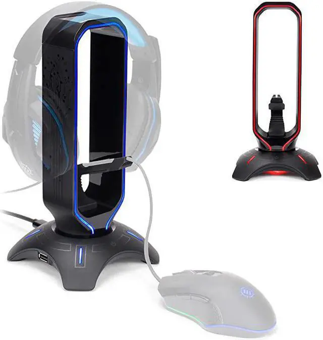 Main image of Gaming Headset Stand LED Headphone Hanger with Mouse Bungee and 2 Port USB Hub 7 RGB Colors + Color Changing Mode Headset Hanger Mouse Bungee 3in1 Gaming Desktop Accessory PS4 Xbox