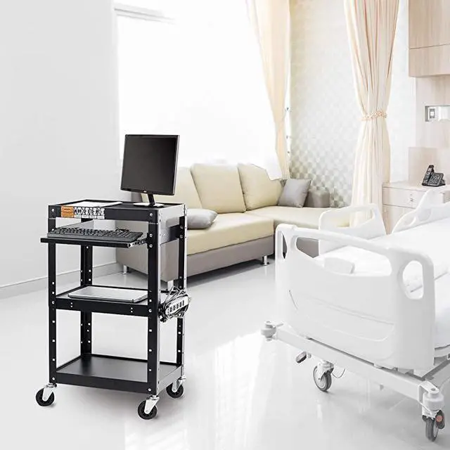 Alt view image 7 of 7 - AV Presentation Cart Stand for Video Projector TV Laptop Computers PrintersMetal Construction Rolling Storage Cart with Adjustable Shelves 4 Wheels 4 Outlets 12ft Cord Black