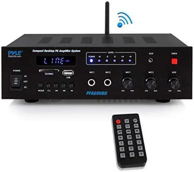 Main image of Wireless Bluetooth Karaoke Amplifier Home Car Bus Tours 300 Watts 2 Channel Digital Home Audio PA Receiver System 2 Microphone Input Control FM Radio USB12 Volt Power Option  PFA600BU