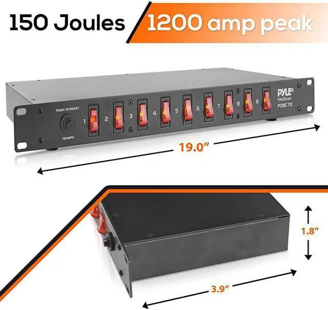 Alt view image 2 of 7 - PDU Power Strip Surge Protector 150 Joule 9 Outlet Strips Surge Protector Heavy Duty Electric Extension Cord Strip 1U Rack Mount Protection Power Outlet Strip W 9 Front Switch Pro PDBC70 BLACK