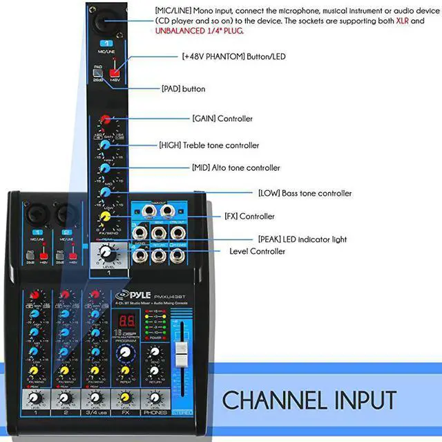 Alt view image 6 of 7 - Professional Audio Mixer Sound Board Console System Interface 4 Channel Digital USB Bluetooth MP3 Computer Input 48V Phantom Power Stereo DJ Studio Streaming FX 16Bit DSP processor PMXU43BT Black